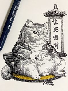 a drawing of a cat sitting on top of a table next to a pen and marker