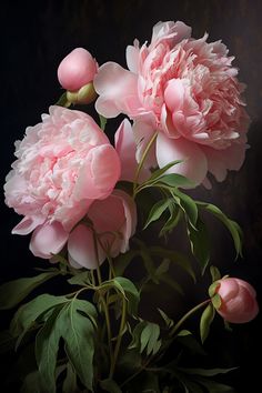 three pink peonies in a glass vase on a black background with green leaves