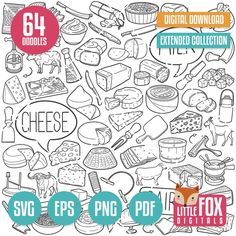 a large collection of hand drawn food items