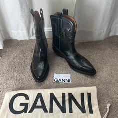 Ganni Black Low Shaft Embroidered Western Boots, The Most Iconic Shoes Of The Brand. These Are Brand New Sz 40. Dust Bag Is Included. Material: Leather Ganni Boots, Iconic Shoes, Boots Cowgirl, Cowgirl Boots, Western Boots, Bootie Boots, Ankle Boots, Dust Bag, Size 10