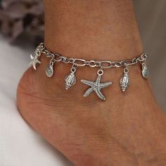 Antique Silver Ankle Bracelet With Starfish and Shell Charms | Etsy Leg Jewelry, Starfish Anklets, Handmade Anklets, Silver Ankle Bracelet, Summer Beach Jewelry, Foot Bracelet, Stella Marina, Summer Anklets, Starfish Bracelet