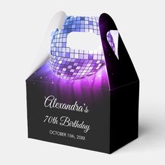 a black and white box with a disco ball on the lid for a birthday party