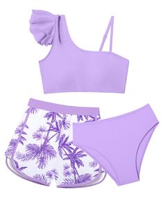 PRICES MAY VARY. 🌷Cute Girls Swimsuit: Material of girls bikini set is breathable and skin-friendly, quick-drying and very comfortable to wear.The removable breast pad also makes it very convenient for daily wear. 🌷Features of Girls Bathing Suit: Highlights of our girls swimsuit shorts set is high waisted girls bikini with adjustable spaghetti strap on one side and ruffled on the other side. Bottoms in the same solid color and stylish printed shorts. 🌷Easy to Match: Our girls swimsuits bikini Swimwear With Shorts, Children Bottoms, Tropical Swimsuits, Tropical Girl, Lash Sets, Swimsuit With Shorts, Color Violet, Swimwear Sets