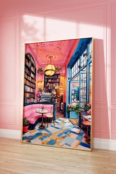 a painting of a pink room with bookshelves on the wall and tables in the corner