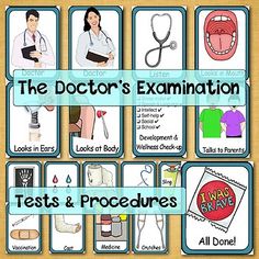 the doctor's examination tests and procedure cards are displayed in this poster for students to learn