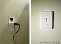 two pictures side by side, one with a light switch and the other with an electrical outlet