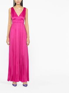 Pink Pleated A-line Maxi Dress, Pink V-neck Maxi Dress With Pleated Bodice, Spring Floor-length Pleated Maxi Dress, Spring Floor-length Maxi Dress With Pleated Waist, Floor-length Maxi Dress With Pleated Waist For Spring, Spring V-neck Dress With Pleated Back, Chic Empire Waist Maxi Dress With Pleated Bodice, Summer Evening Dress With Gathered Waist, Summer Evening Dresses With Gathered Waist