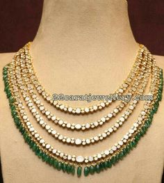 Lightweight polki and emerald 4 strand necklace Cristal Necklace Jewellery, Whitestone Necklace, Indian Jewelry Earrings, Jewelry Set Design, Jewellery Indian, Bridal Jewelry Collection, Wedding Jewellery Collection