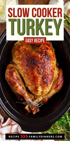 the slow cooker turkey recipe in a black bowl with text overlay that reads, slow cooker turkey easy recipe