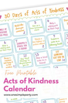 the acts of kindness calendar is shown with words and numbers on it to help kids learn how