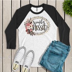 Drop an emoji if you're simply blessed! https://enidandelle.com/collections/religious-shirts/products/copy-of-love-one-another-baseball-shirt #simplyblessed #blessed #raglan #simplyblessedlife #blessedlife #simplyblessedshirt #sunday Grateful Shirt, Simply Blessed, Blessed Shirt, Religious Shirt, Inspirational Shirt, Baseball Shirts, Heat Press