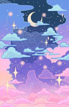 the night sky with stars and clouds in pastel colors, as well as an image of