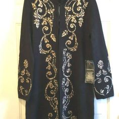 Brand New With Tags, Pamela Mccoy Women's Knit Long Cardigan Coat, Size Small, Black Color, Long Sleeve, Hook & Eye Front Closure, Cardigan Decorated With Beige / Brown Animal Print Appliques And Embroidery. Made In China Of 80% Rayon 20% Nylon, Measurements: Shoulder To Shoulder Is 14.5" Pit To Pit Laying Flat Is 19.5 " Waist Laying Flat Is 17.5" Bottom Laying Flat Is 22.5" Sleeve Length Is 24" Overall Cardigan Length Is 35.5" If You Have Any Other Questions, Please Just Ask Me, And Thank You S Fitted Long Sleeve Festive Cardigan, Festive Long Sleeve Cardigan For Fall, Festive Long Sleeve Fitted Cardigan, Fitted Fall Cardigan For Festive Occasions, Fitted Cardigan For Festive Fall Season, Fitted Cardigan For Festive Fall Occasions, Festive Black Long Sleeve Outerwear, Fitted Winter Cardigan For Festive Occasions, Fitted Cardigan For Winter Festivals