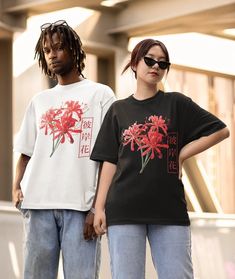 Japanese Aesthetic Higanbana Flower Shirt Red Spider Lily - Etsy Casual Streetwear Floral Print Tops, Casual Floral Print Tops For Streetwear, Red Streetwear Shirt For Spring, Red Shirt For Spring Streetwear, Trendy Red Printed T-shirt, Cotton Floral Print Tops For Streetwear, Red Short Sleeve T-shirt For Gift, Trendy Graphic Print Shirt As Gift, Casual Red Shirt With Screen Print