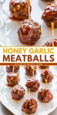 Homemade honey garlic meatballs! This meatball recipe is ready in just 30 minutes. With so much flavor from a garlic and honey sauce, these baked meatballs are sure to be a hit! So, if you need an easy appetizer for a party, serve up these cocktail meatballs! Meatball Recipes Bbq, Sticky Honey Garlic Meatballs, Mini Meatballs Appetizers, Honey Bbq Meatballs, Sweet Meatballs, Honey Garlic Meatballs, Garlic Meatballs, Meatball Appetizer Recipe, Cocktail Meatballs