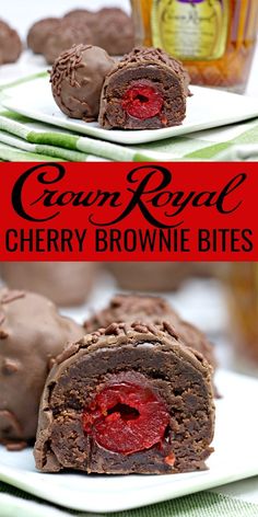 two pieces of chocolate covered cherry brownie bites on a white plate with a jar of jelly in the background