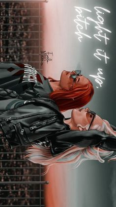 a drawing of a woman with red hair and black leather jacket on her back, in front of a neon background