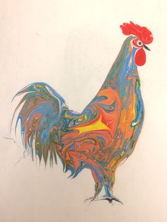 a drawing of a colorful rooster on white paper