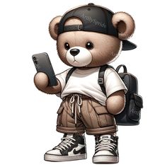 a brown teddy bear holding a cell phone and wearing a baseball cap on his head