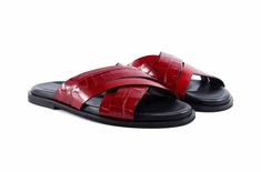 Style: Aruba-Red Unique open toe slip-on Sandal from the Pelle collection in a combination of Crocodile Embossed and Smooth Calfskin features their memory foam insole and a full Leather Sole! Male Slides, Luxury Sandals, Dress Suits For Men, Mens Leather Sandals, Red Sandals, Leather Slippers, Mens Slippers, Aruba, Dress Suits