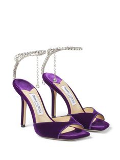 Jimmy Choo Saeda, Velvet Sandals, Modern Sandals, Jimmy Choo Heels, Embellished Sandals, Crystal Chain, Fashion High Heels, Jimmy Choo Shoes, Footwear Design Women