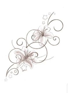 a drawing of flowers with swirls and stars on the bottom half of the image