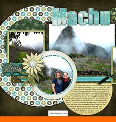 a scrapbook page with two photos and the words machua on it, along with an image of a man and woman