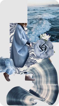 an artistic collage with blue and white flowers on the water, waves in the background