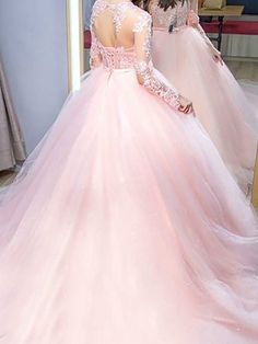 Silhouette:?A Line Waist: Natural Sleeve Length: Long Sleeves Fabric: Lace, Tulle Shown Color:?Pink Built-In Bra: Yes Gown Pink, Pink Ball Gown, Cheap Prom Dresses Long, Tulle Dresses, Tulle Balls, Tulle Evening Dress, Evening Dresses Online, Pink Wedding Dresses, Lace Ball Gowns