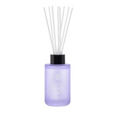 the lavender reed diffuser is in a glass container