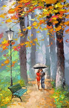 a painting of two people walking under an umbrella