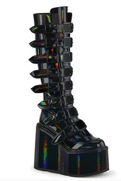 Rainbow Goth, Demonia Boots, Black Holographic, Demonia Shoes, Dance Heels, Striped Shoes, Pleaser Shoes, Light Up Shoes, Metal Plates