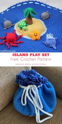 a crocheted bag with sea creatures on it and the text island play set free crochet pattern