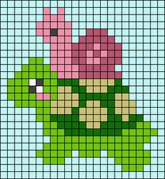 a cross stitch pattern with a green turtle holding a pink flower