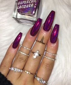 rings and tats Magenta Nails, Metallic Nails Design, Uk Nails, Purple Nail, Simple Acrylic Nails, Coffin Nails Long, Metallic Nails, Kawaii Nails, Glam Nails