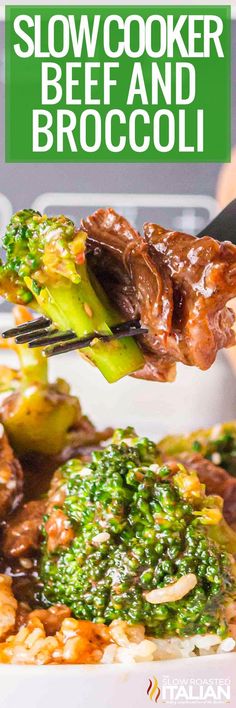 the broccoli is being held up by a fork with beef and broccoli on it