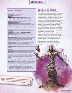 DnD 5e Full Bestiary Entry for Spell Scroll Golem by Me.Mimic Dnd Homebrew Spells, Homebrew Spells, Dnd Classes