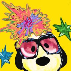 a drawing of a dog wearing sunglasses and a hat with stars on it's head