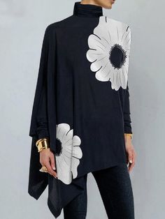 Long Sleeves Loose Asymmetric Floral Printed Split-Joint High Neck T-Shirts BLACK-XL High Neck Top, Floral Sleeve, Shirts Black, Floral Outfit, Mock Neck Top, High Neck Long Sleeve, Collars For Women, Navy Floral, Costumes For Women