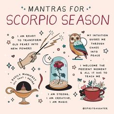 an illustrated poster with the words mantass for scorpio season