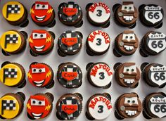 the cupcakes are decorated with cars and numbers