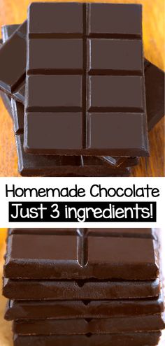 three chocolate bars stacked on top of each other with the words 3 ingredient chocolate bars