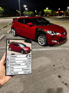 a person holding up a card with a car parked in the parking lot behind them