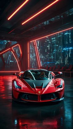 a red and black sports car parked in front of a building with neon lights on it