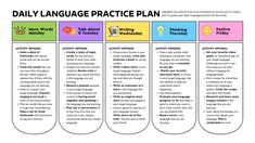 the daily language practice plan is shown in three different colors and styles, including one for each