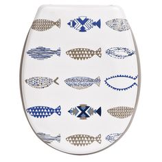 a white toilet seat with blue and brown fish on the side, in front of a white background