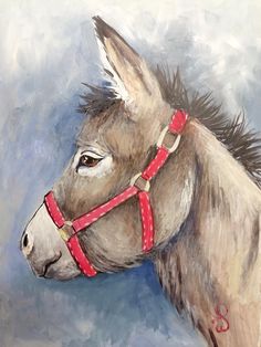 a painting of a donkey wearing a red bridle