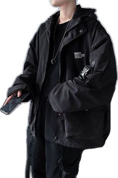 Black Hooded Jacket With Pockets, Black Long Sleeve Hooded Jacket With Pockets, Black Hooded Jacket With Pockets For Fall, Hooded Utility Jacket For Winter Streetwear, Streetwear Techwear Outerwear With Pockets, Fall Black Hooded Jacket With Pockets, Techwear Outerwear With Pockets For Streetwear, Black Hoodie With Pockets For Winter, Black Hooded Winter Utility Jacket