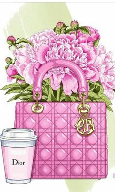 a pink purse with flowers and a coffee cup