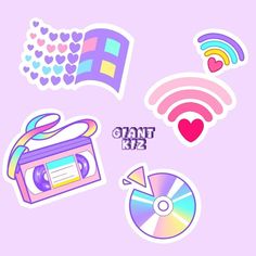 some stickers that are on top of a pink background with hearts and rainbows